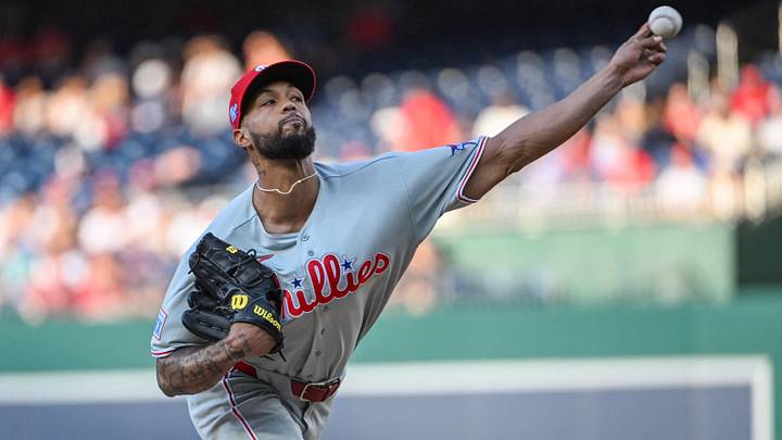 Philadelphia Phillies pitcher Cristopher Sánchez (61) throws to the Washington Nationals.