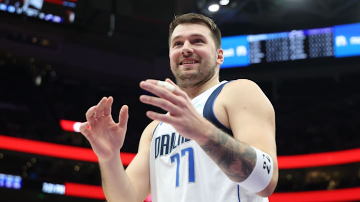 Nov 14, 2024; Salt Lake City, Utah, USA; Dallas Mavericks guard Luka Doncic (77) reacts to a play against the Utah Jazz during the first quarter at Delta Center. Mandatory Credit: Rob Gray-Imagn Images