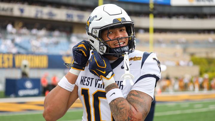 Sep 5, 2026; Morgantown, West Virginia, USA; West Virginia Mountaineers tight end Cam Ball (10) runs off the field during the second quarter against the Coastal Carolina Chanticleers at Milan Puskar Stadium. Mandatory Credit: Ben Queen-Imagn Images