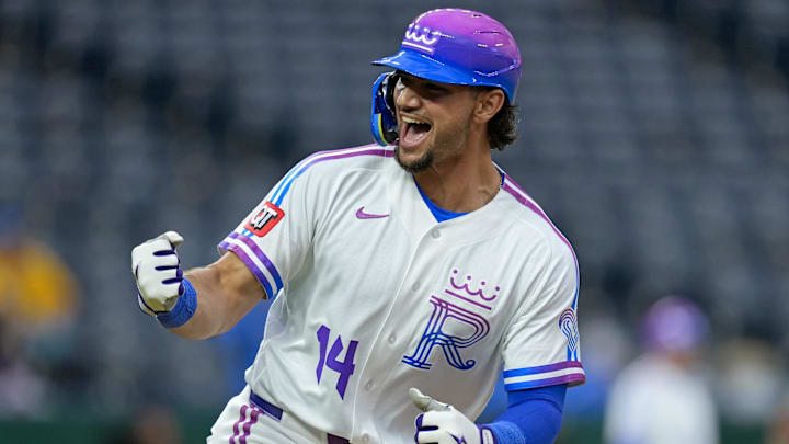 Apr 26, 2026; Kansas City, Missouri, USA; Kansas City Royals right fielder Jac Caglianone (14) celebrates after hitting a game-tying home run in the bottom of the ninth inning against the Los Angeles Angels at Kauffman Stadium. Mandatory Credit: Jay Biggerstaff-Imagn Images