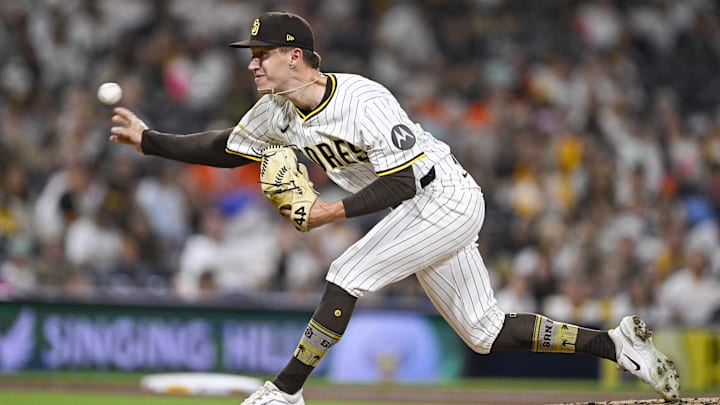 Sep 2, 2025; San Diego, California, USA; San Diego Padres relief pitcher Alek Jacob (37) delivers during the eighth inning against the Baltimore Orioles at Petco Park. Mandatory Credit: Denis Poroy-Imagn Images Sep 2, 2025; San Diego, California, USA; San Diego Padres relief pitcher Alek Jacob (37) delivers during the eighth inning against the Baltimore Orioles at Petco Park. Mandatory Credit: Denis Poroy-Imagn Images