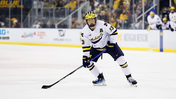Mar 7, 2025; Ann Arbor, MI, USA;  Michigan Wolverines forward T.J. Hughes (13) skates against Penn State  during a Big Ten Tournament quarter final game at Yost Arena. Mandatory Credit: Rick Osentoski-Imagn Images
