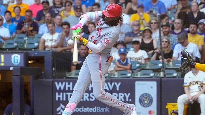 Jul 2, 2026; Milwaukee, Wisconsin, USA; Cincinnati Reds shortstop Elly de la Cruz (44) flys out against the Milwaukee Brewers n the fifth inning at American Family Field. Mandatory Credit: Michael McLoone-Imagn Images Jul 2, 2026; Milwaukee, Wisconsin, USA; Cincinnati Reds shortstop Elly de la Cruz (44) flys out against the Milwaukee Brewers n the fifth inning at American Family Field. Mandatory Credit: Michael McLoone-Imagn Images