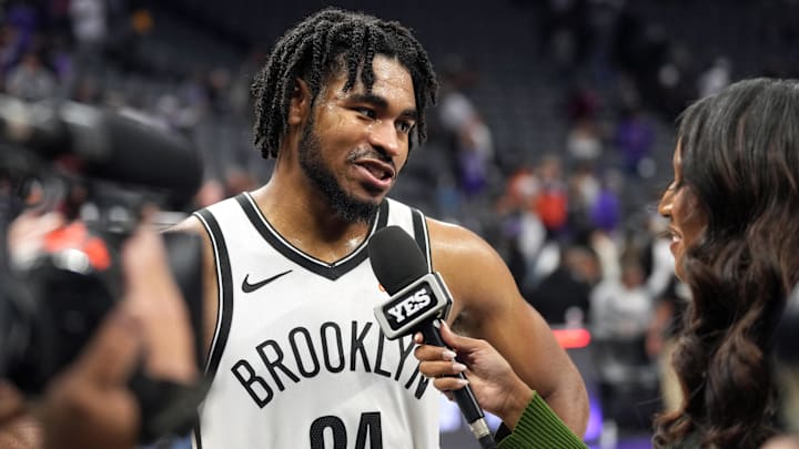 Nov 24, 2024; Sacramento, California, USA; Brooklyn Nets guard Cam Thomas (24) is interviewed after defeating the Sacramento Kings at Golden 1 Center. Mandatory Credit: Darren Yamashita-Imagn Images