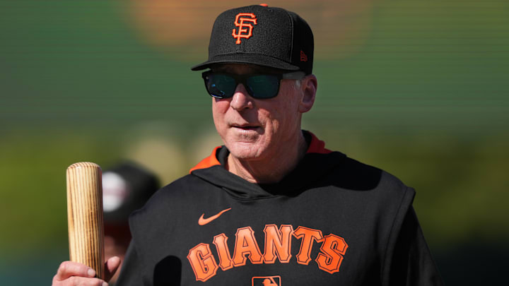 Jul 5, 2025; West Sacramento, California, USA; San Francisco Giants manager Bob Melvin (6) before the game against the Athletics at Sutter Health Park. Mandatory Credit: Darren Yamashita-Imagn Images
