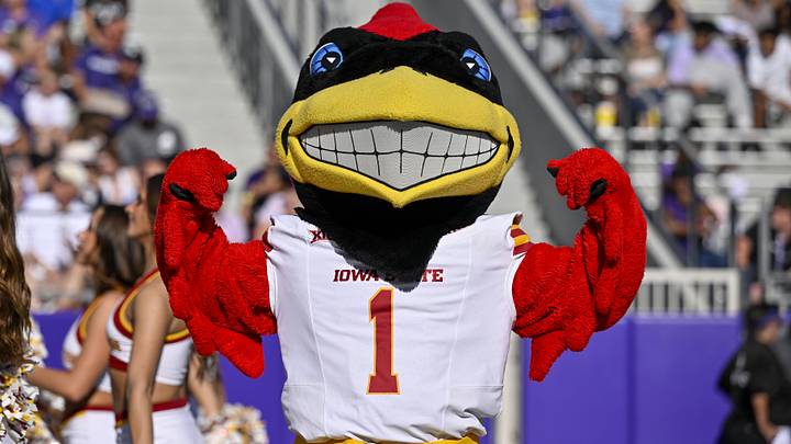 Nov 8, 2025; Fort Worth, Texas, USA;  The Iowa State Cyclones mascot poses for a photo during the game against the TCU Horned Frogs at Amon G. Carter Stadium.