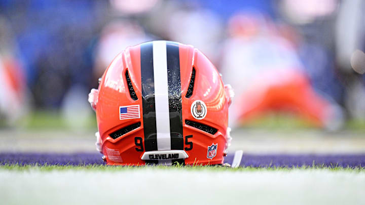 Jan 4, 2025; Baltimore, Maryland, USA; A view of the Cleveland Browns helmet before the game against Baltimore Ravens at M&T Bank Stadium. Mandatory Credit: Tommy Gilligan-Imagn Images