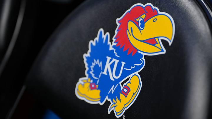 Nov 16, 2024; Lawrence, Kansas, USA; A general view of the Kansas Jayhawks logo on a bench chair prior to a game against the Oakland Golden Grizzlies at Allen Fieldhouse. Mandatory Credit: Denny Medley-Imagn Images Nov 16, 2024; Lawrence, Kansas, USA; A general view of the Kansas Jayhawks logo on a bench chair prior to a game against the Oakland Golden Grizzlies at Allen Fieldhouse. Mandatory Credit: Denny Medley-Imagn Images