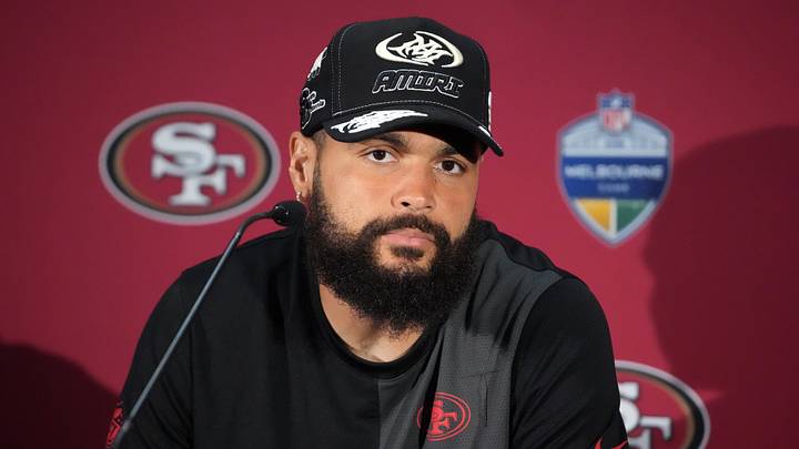 San Francisco 49ers wide receiver Mike Evans (5) at press conference after the 2026 NFL Melbourne Game against the Los Angeles Rams at Melbourne Cricket Ground. San Francisco 49ers wide receiver Mike Evans (5) at press conference after the 2026 NFL Melbourne Game against the Los Angeles Rams at Melbourne Cricket Ground.
