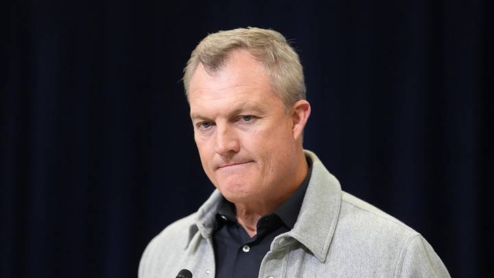 Feb 24, 2026; Indianapolis, IN, USA; San Francisco 49ers general manager John Lynch speaks at the NFL Scouting Combine at the Indiana Convention Center. Mandatory Credit: Kirby Lee-Imagn Images