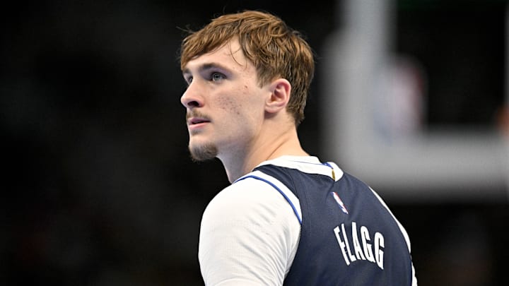 Nov 21, 2025; Dallas, Texas, USA; Dallas Mavericks forward Cooper Flagg (32) looks on during the second half against the New Orleans Pelicans at the American Airlines Center. Mandatory Credit: Jerome Miron-Imagn Images