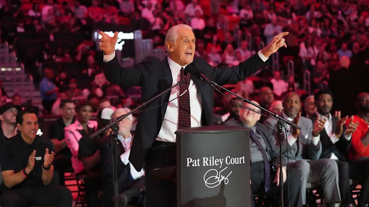 Oct 23, 2024; Miami, Florida, USA; Miami Heat president Pat Riley addresses the crowd during the Pat Riley Court dedication ceremony at halftime at Kaseya Center. Mandatory Credit: Jim Rassol-Imagn Images Oct 23, 2024; Miami, Florida, USA; Miami Heat president Pat Riley addresses the crowd during the Pat Riley Court dedication ceremony at halftime at Kaseya Center. Mandatory Credit: Jim Rassol-Imagn Images