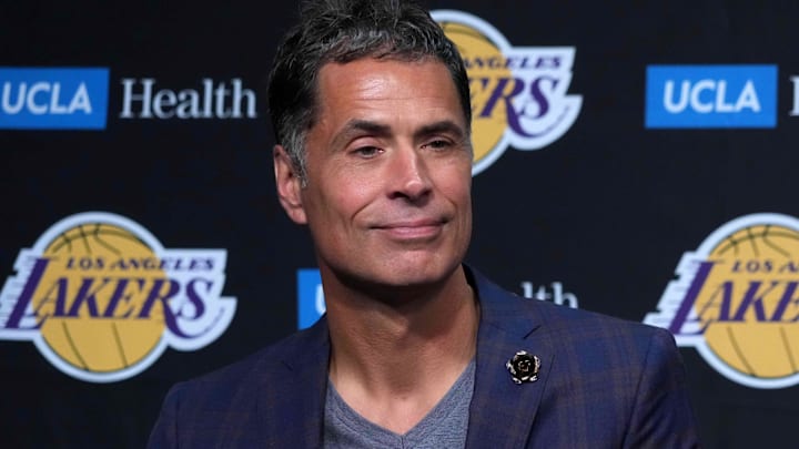 Los Angeles Lakers general manager Rob Pelinka at a press conference at crypto.com Arena