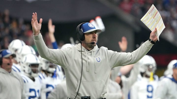 Nov 12, 2023; Frankfurt, Germany; Indianapolis Colts coach Shane Steichen reacts against the New
