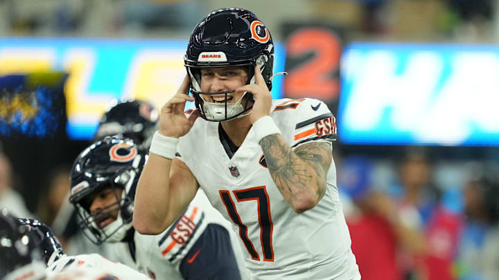 Oct 29, 2023; Inglewood, California, USA; Chicago Bears quarterback Tyson Bagent (17) gestures
