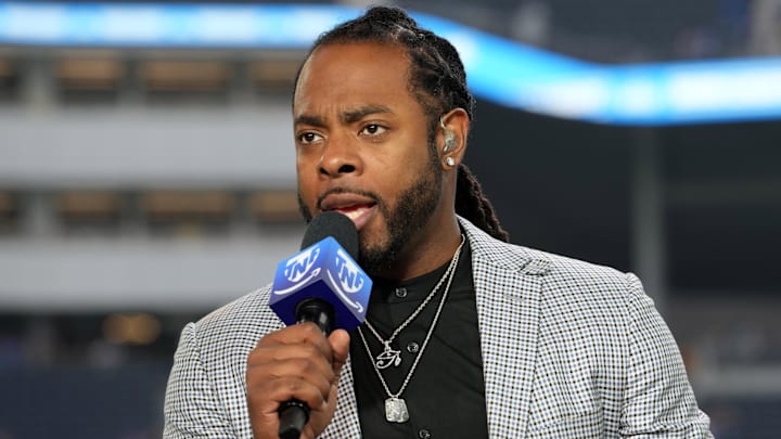 Oct 24, 2024; Inglewood, California, USA; Richard Sherman on the Thursday Night Football Tonight set  at SoFi Stadium. Mandatory Credit: Kirby Lee-Imagn Images