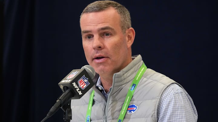 Buffalo Bills general manager Brandon Beane speaks during the NFL Scouting Combine at the Indiana Convention Center.
