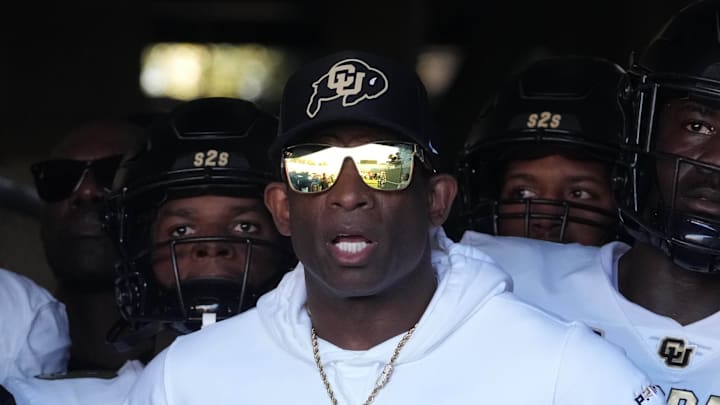 Oct 28, 2023; Pasadena, California, USA; Colorado Buffaloes head coach Deion Sanders enters the field before the game against the UCLA Bruins at Rose Bowl. UCLA defeated Colorado 28-16. Mandatory Credit: Kirby Lee-Imagn Images