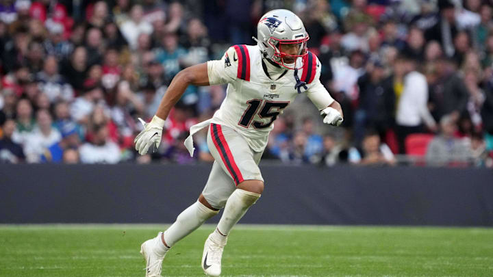 Oct 20, 2024; London, United Kingdom; New England Patriots safety Marte Mapu (15) against the Jacksonville Jaguars in the second half of an NFL International Series game at Wembley Stadium. Mandatory Credit: Kirby Lee-Imagn Images