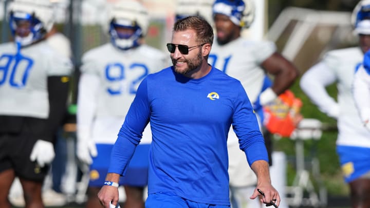 Jul 23, 2025; Los Angeles, CA, USA; Los Angeles Rams coach Sean McVay during training camp at Loyola Marymount University. Mandatory Credit: Kirby Lee-Imagn Images Jul 23, 2025; Los Angeles, CA, USA; Los Angeles Rams coach Sean McVay during training camp at Loyola Marymount University. Mandatory Credit: Kirby Lee-Imagn Images