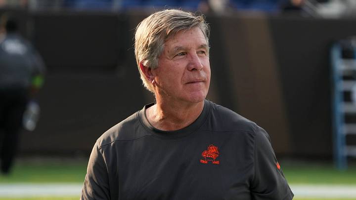 Aug 3, 2023; Canton, Ohio, USA; Cleveland Browns offensive line coach Bill Callahan during the first half against the New York Jets at Tom Benson Hall of Fame Stadium. Mandatory Credit: Kirby Lee-USA TODAY Sports