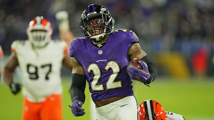 Jan 4, 2025; Baltimore, Maryland, USA; Baltimore Ravens running back Derrick Henry (22) runs for a touchdown during the fourth quarter against the Cleveland Browns at M&T Bank Stadium. Mandatory Credit: Mitch Stringer-Imagn Images