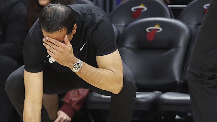 Miami Heat head coach Erik Spoelstra reacts (Mandatory Credit: Rhona Wise-Imagn Images)