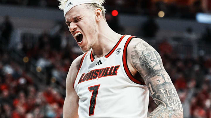 Louisville Cardinals forward Kasean Pryor (7) celebrates after scoring against Notre Dame in the second half at the KFC Yum! Center Wednesday night Feb. 4, 2026
