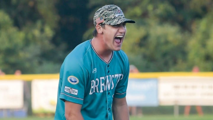 Brewster Whitecaps pitcher Teddy McGraw celebrates during a Cape Cod League game against the Bourne Braves on Aug. 11, 2021.