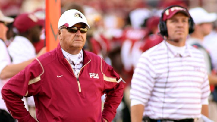 Oct 25, 2008; Tallahassee, FL, USA;  Florida State head coach Bobby Bowden on the sidelines with offensive coordinator Jimbo Fisher during the first half against Virginia Tech at Doak Campbell Stadium in Tallahassee, Florida. Mandatory Credit: John David Mercer-Imagn Images