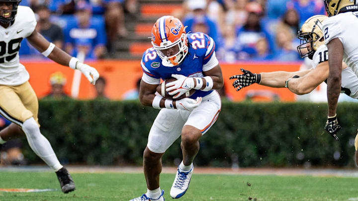 Florida Gators wide receiver Kahleil Jackson (22) rushes with the ball during the first half against the Vanderbilt Commodores at Steve Spurrier Field at Ben Hill Griffin Stadium in Gainesville, FL on Saturday, October 7, 2023. [Matt Pendleton/Gainesville Sun]