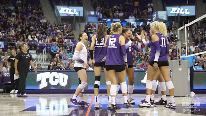 Oct. 6, 2024-TCU Volleyball players celebrate a kill in the win over No. 14 Baylor in front of 4,094 fans in Schollmaier Arena. 