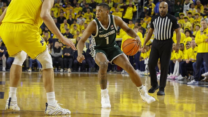 Feb 21, 2025; Ann Arbor, Michigan, USA; Michigan State Spartans guard Jeremy Fears Jr. (1) handles the ball during the second half against the Michigan Wolverines at Crisler Center. Mandatory Credit: Brian Bradshaw Sevald-Imagn Images