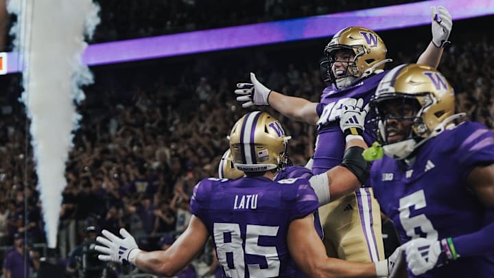 Decker DeGraaf celebrates his first Husky touchdown catch. 