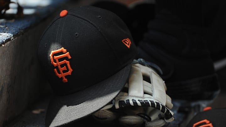 Jul 14, 2019; Milwaukee, WI, USA; San Francisco Giants hat and glove in the dug out at Miller Park. 
