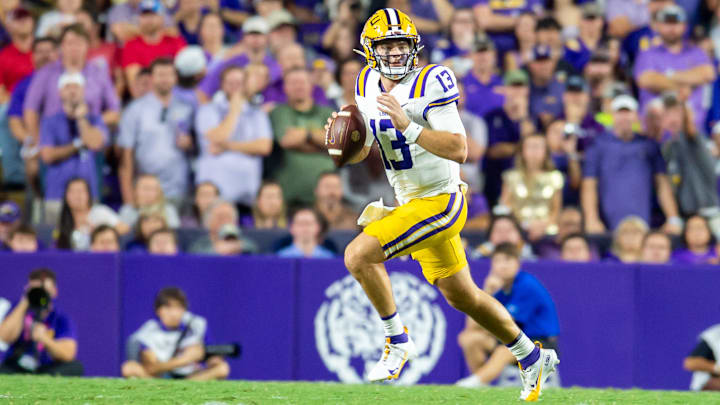 Garrett Nussmeier 13 throws a pass as the LSU Tigers take on the Ole Miss Rebels at Tiger Stadium in Baton Rouge, LA. Saturday, Oct. 12, 2024.