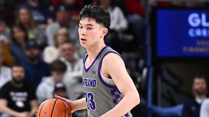 Feb 25, 2026; Spokane, Washington, USA; Portland Pilots guard Joel Foxwell (23) controls the ball against the Gonzaga Bulldogs in the first half at McCarthey Athletic Center. Mandatory Credit: James Snook-Imagn Images Feb 25, 2026; Spokane, Washington, USA; Portland Pilots guard Joel Foxwell (23) controls the ball against the Gonzaga Bulldogs in the first half at McCarthey Athletic Center. Mandatory Credit: James Snook-Imagn Images