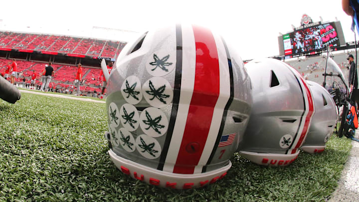 Sep 10, 2022; Columbus, Ohio, USA;  Ohio State Buckeyes helmets before the game against the Arkansas State Red Wolves at Ohio Stadium. Mandatory Credit: Joseph Maiorana-Imagn Images