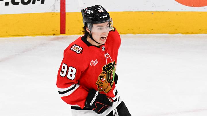 Jan 19, 2026; Chicago, Illinois, USA; Chicago Blackhawks center Connor Bedard (98) reacts after scoring a goal against the Winnipeg Jets during the third period at United Center. Mandatory Credit: Matt Marton-Imagn Images