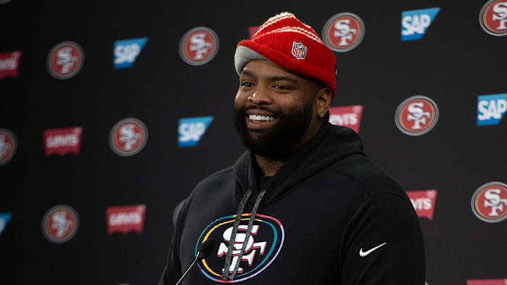 Jun 10, 2025; Santa Clara, CA, USA; San Francisco 49ers offensive tackle Trent Williams speaks to the media following an OTA at Levi's Stadium. Mandatory Credit: D. Ross Cameron-Imagn Images