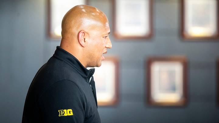 Iowa special teams coordinator LeVar Woods speaks with reporters at a spring football news Iowa special teams coordinator LeVar Woods speaks with reporters at a spring football news