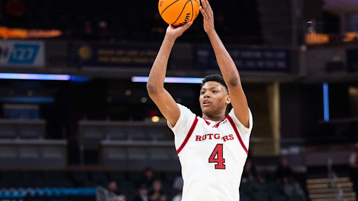 Mar 12, 2025; Indianapolis, IN, USA;  Rutgers Scarlet Knights guard Ace Bailey (4) shoots the ball in the second half against the USC Trojans at Gainbridge Fieldhouse. Mandatory Credit: Trevor Ruszkowski-Imagn Images