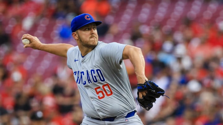 Jul 29, 2024; Cincinnati, Ohio, USA; Chicago Cubs starting pitcher Jameson Taillon (50) pitches against the Cincinnati Reds in the second inning at Great American Ball Park. Mandatory Credit: Katie Stratman-USA TODAY Sports