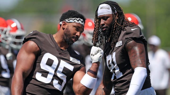 Browns defensive end Myles Garrett, left, works with defensive end Alex Wright during minicamp, Wednesday, June 12, 2024, in Berea. Browns defensive end Myles Garrett, left, works with defensive end Alex Wright during minicamp, Wednesday, June 12, 2024, in Berea.