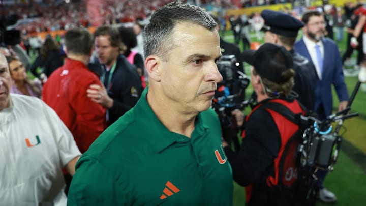 Jan 19, 2026; Miami Gardens, FL, USA; Miami Hurricanes head coach Mario Cristobal reacts after the College Football Playoff National Championship game at Hard Rock Stadium. Mandatory Credit: Mark J. Rebilas-Imagn Images