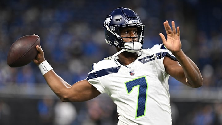 Sep 30, 2024; Detroit, Michigan, USA; Seattle Seahawks quarterback Geno Smith (7) throws passes during pregame warmups before their game against the Detroit Lions at Ford Field. Mandatory Credit: Lon Horwedel-Imagn Images