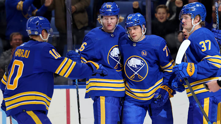 Dec 11, 2023; Buffalo, New York, USA;  Buffalo Sabres right wing JJ Peterka (77) celebrates his goal