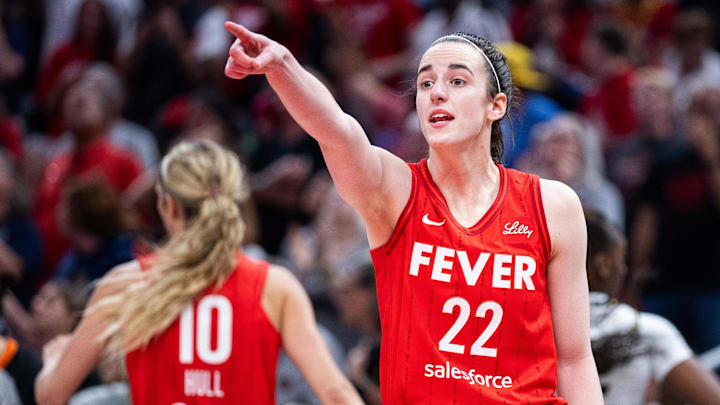 May 17, 2025; Indianapolis, Indiana, USA; Indiana Fever guard Caitlin Clark (22) in the second half against the Chicago Sky at Gainbridge Fieldhouse. Mandatory Credit: Trevor Ruszkowski-Imagn Images