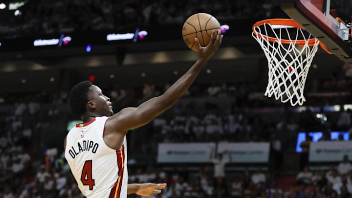 Apr 22, 2023; Miami, Florida, USA; Miami Heat guard Victor Oladipo (4) drives to the basket in the fourth quarter against the Milwaukee Bucks during game three of the 2023 NBA Playoffs at Kaseya Center. Mandatory Credit: Sam Navarro-Imagn Images Apr 22, 2023; Miami, Florida, USA; Miami Heat guard Victor Oladipo (4) drives to the basket in the fourth quarter against the Milwaukee Bucks during game three of the 2023 NBA Playoffs at Kaseya Center. Mandatory Credit: Sam Navarro-Imagn Images