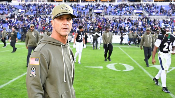 Oct 26, 2025; Baltimore, Maryland, USA;  Baltimore Ravens head coach John Harbaugh looks on after the game against the Chicago Bears at M&T Bank Stadium. Mandatory Credit: Tommy Gilligan-Imagn Images